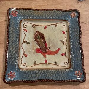Handcrafted Ceramic Square Plate with Western Boot Design Home Decor